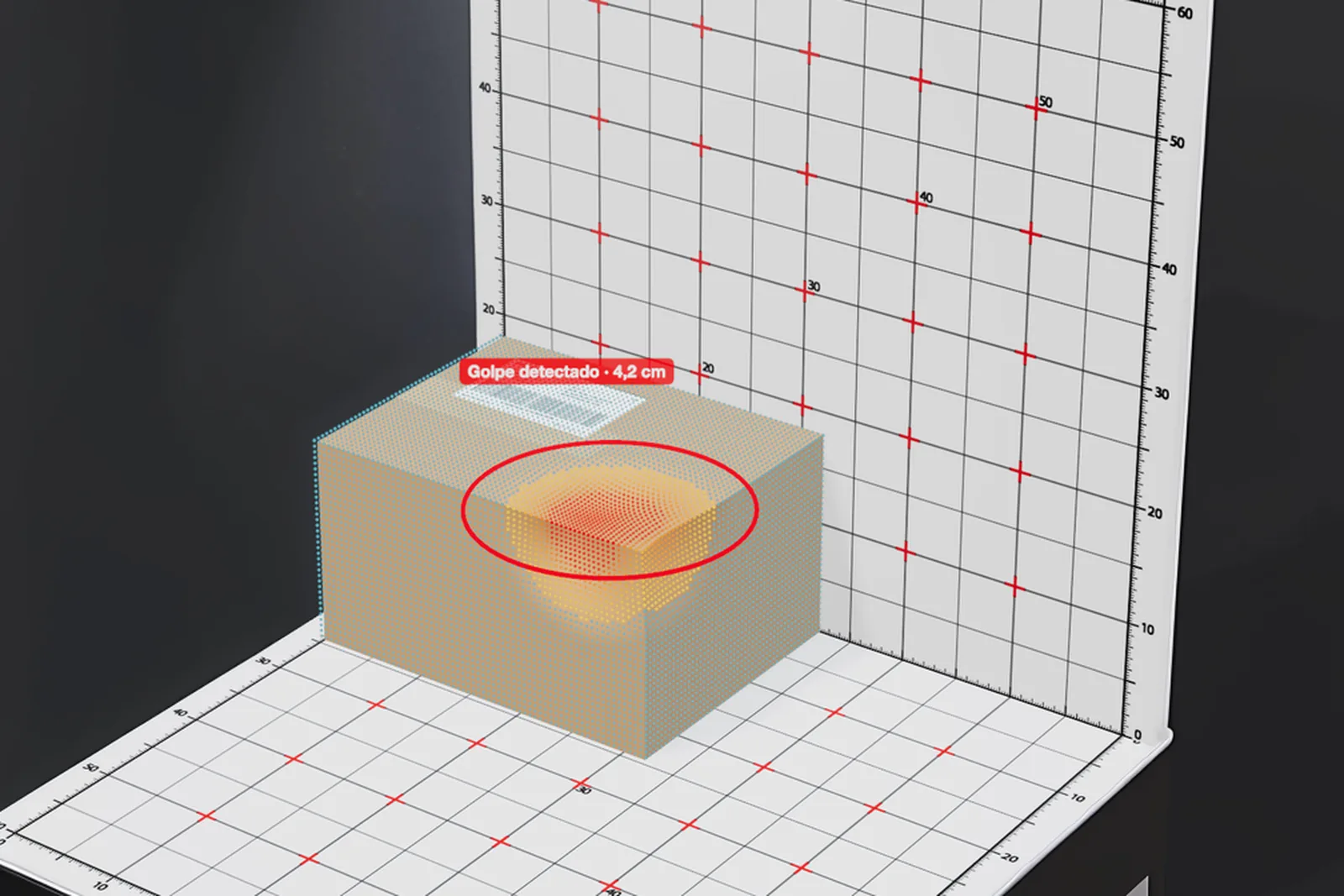 El modelo 3D compara la forma real con una caja intacta: el golpe aparece marcado y medido.